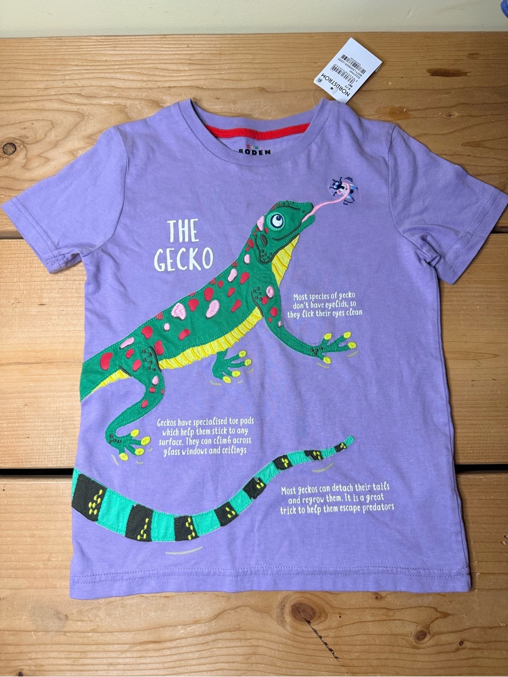 New NWT Cotton Mini Boden Kids Gecko Appliqué Short Sleeve T-shirt Purple Sz 6/7